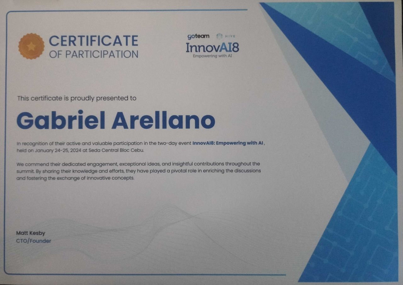 Certificate of Appreciation for Gabriel Arellano from GoTeam